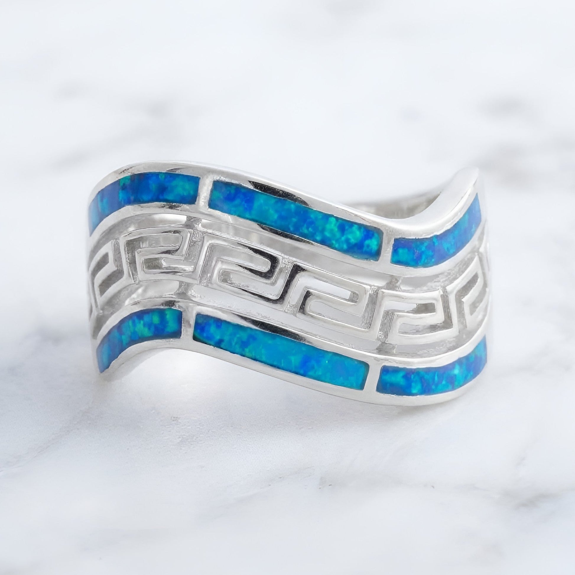 Sterling Silver 925 blue opal Greek key ring
