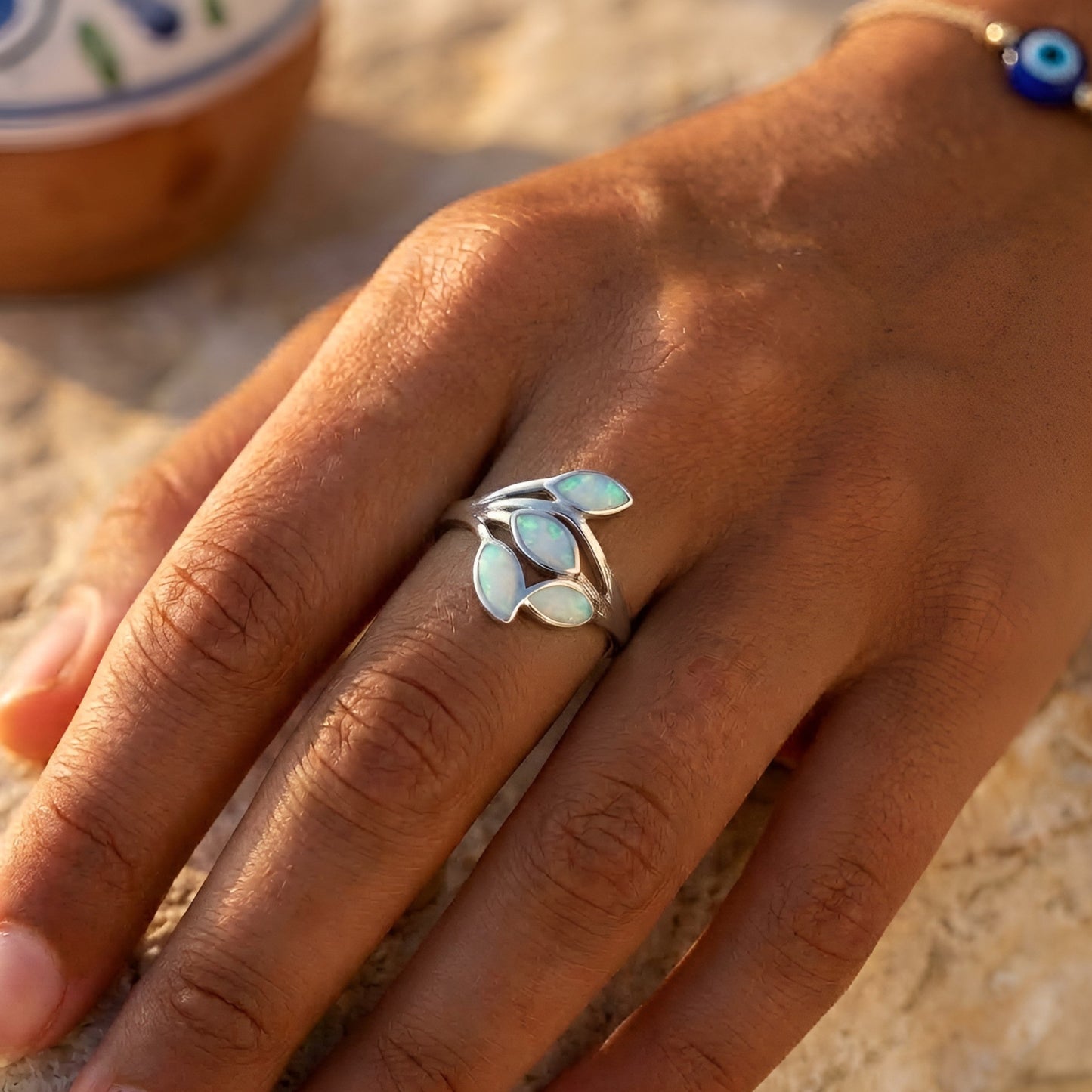 Hallmarked 925 Greek ring with white opal and leaf motif
