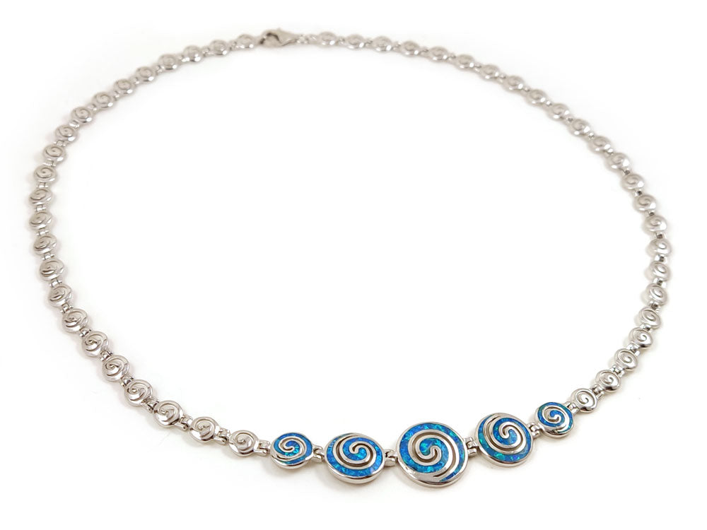 Greek Spiral Blue Opal Silver Necklace Bracelet Jewelry Set