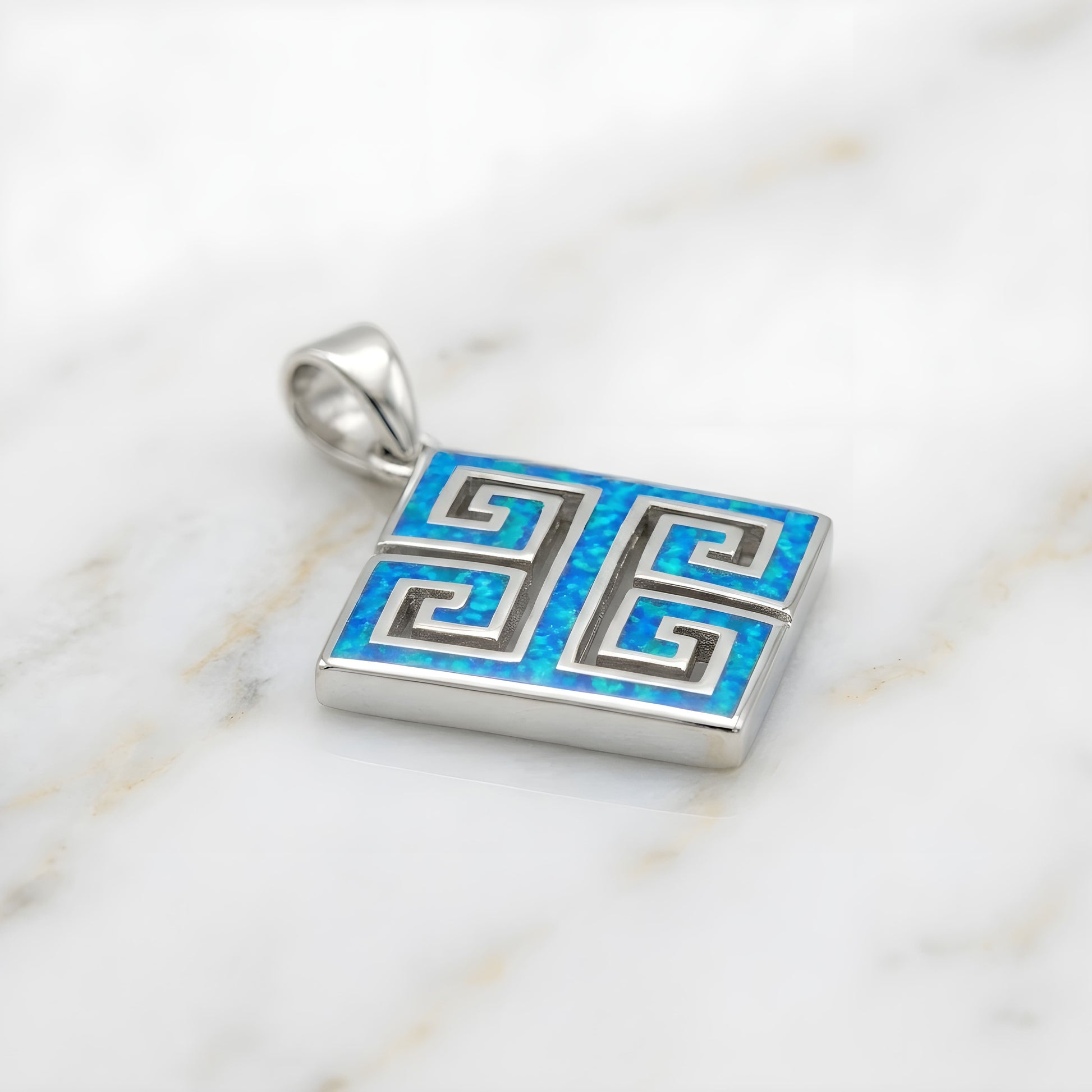 925 sterling silver Greek Key pendant with blue opal