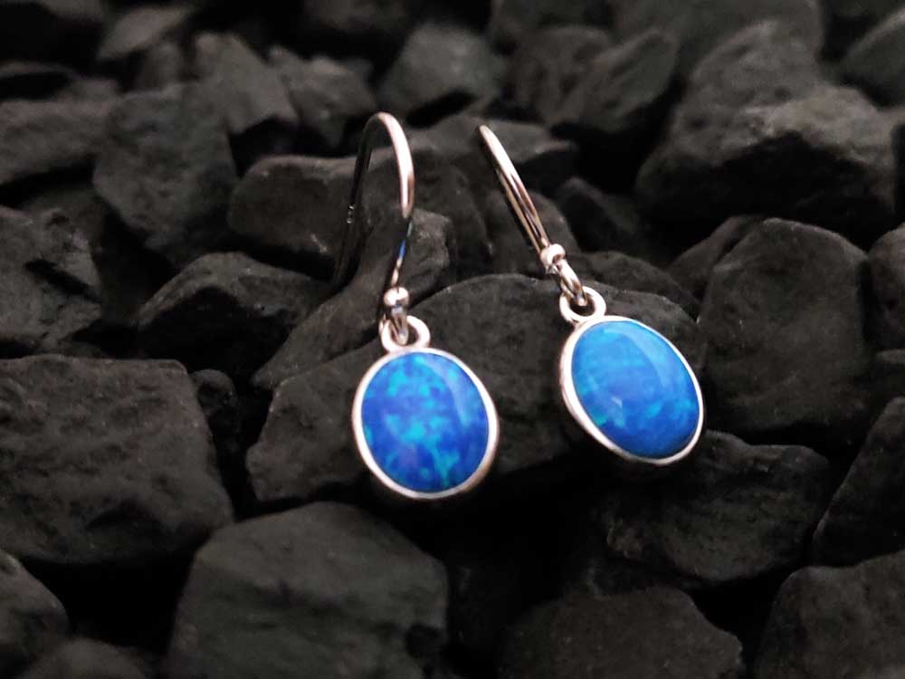 Blue Opal Oval Stones Dangle Earrings 10x9mm