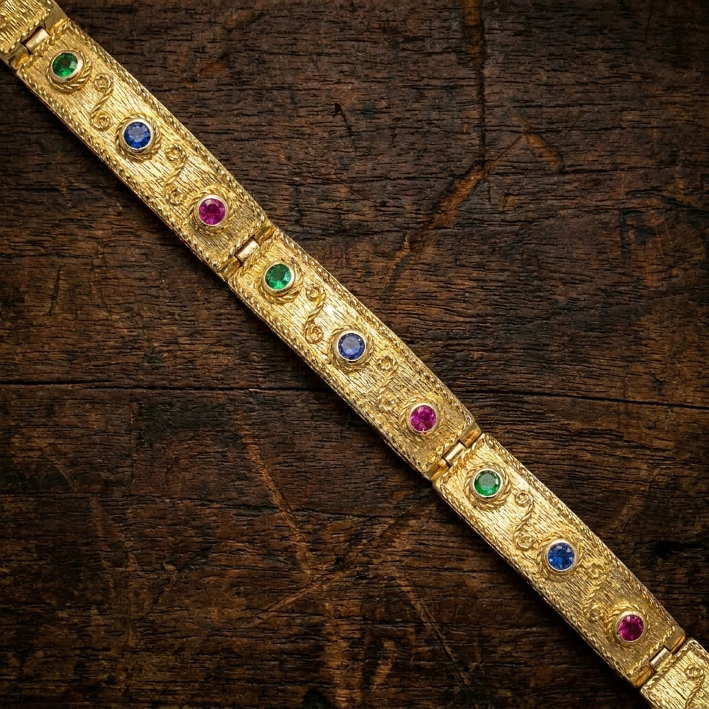 Handmade Greek Byzantine style bracelet with purple green and blue CZ stones