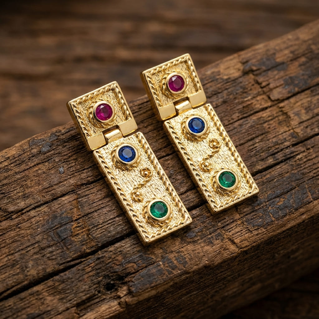 Gold plated Byzantine style sterling silver 925 earrings with multicolor cubic zirconia