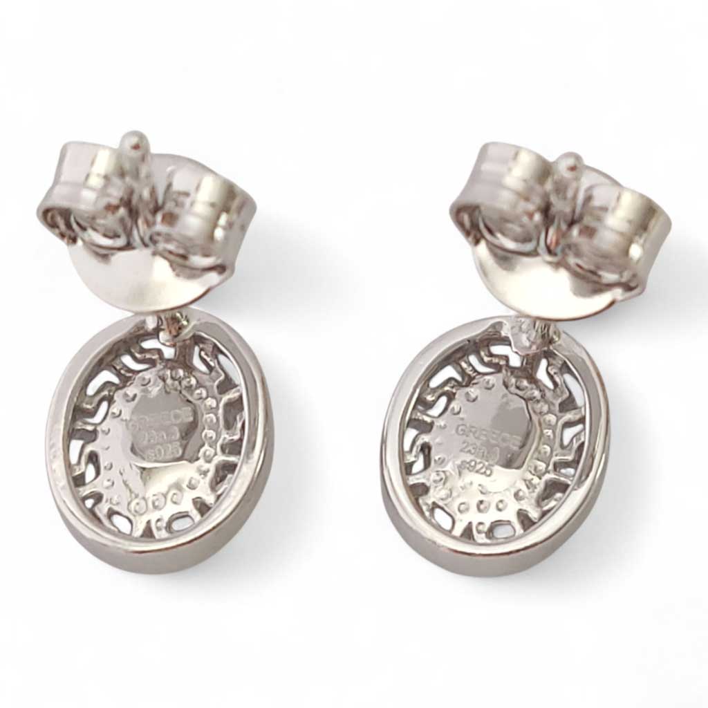 Greek Key Blue Opal Small Oval Silver Earrings 10x8mm