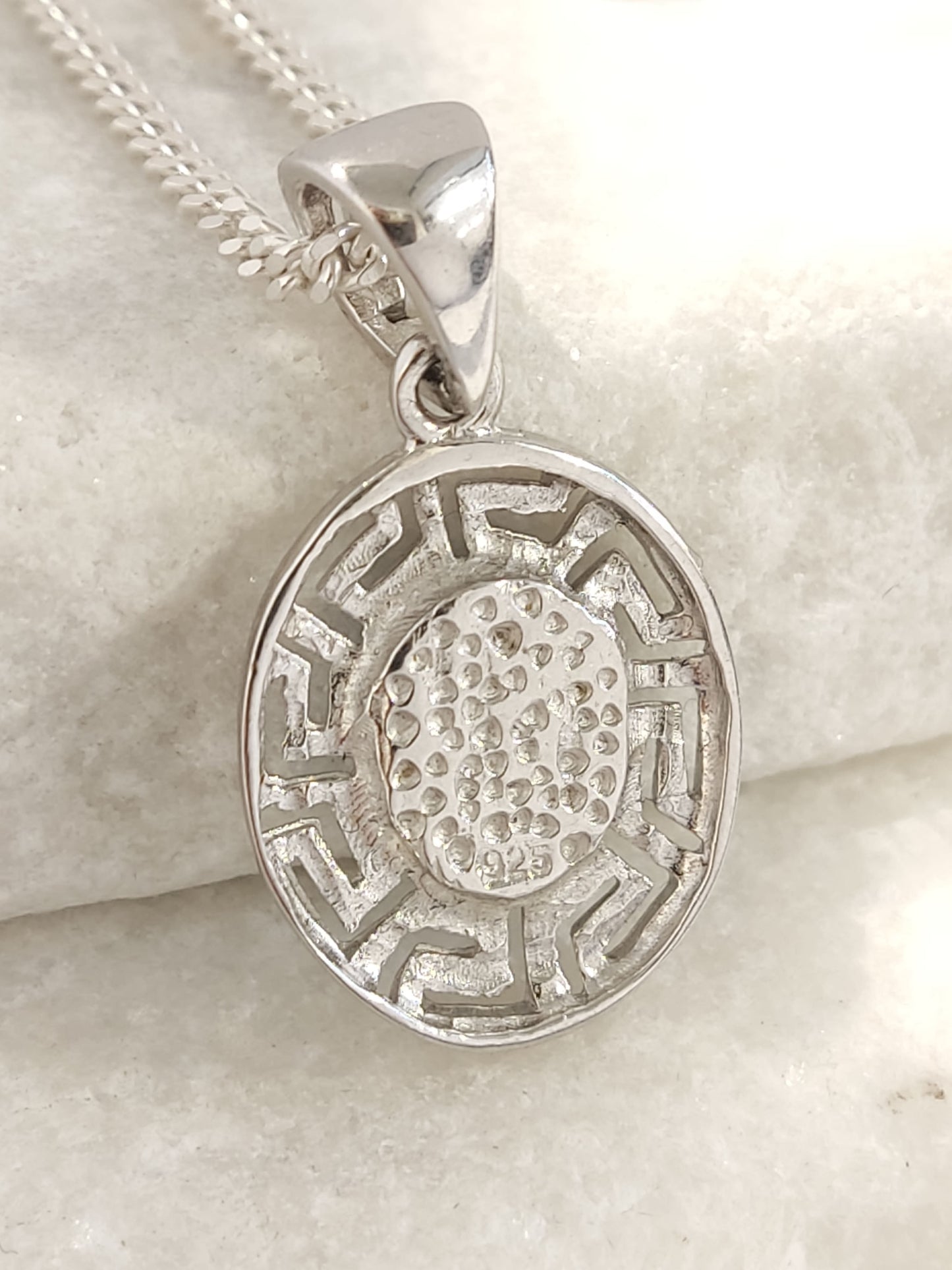 Hallmarked 925 sterling silver Greek pendant close-up