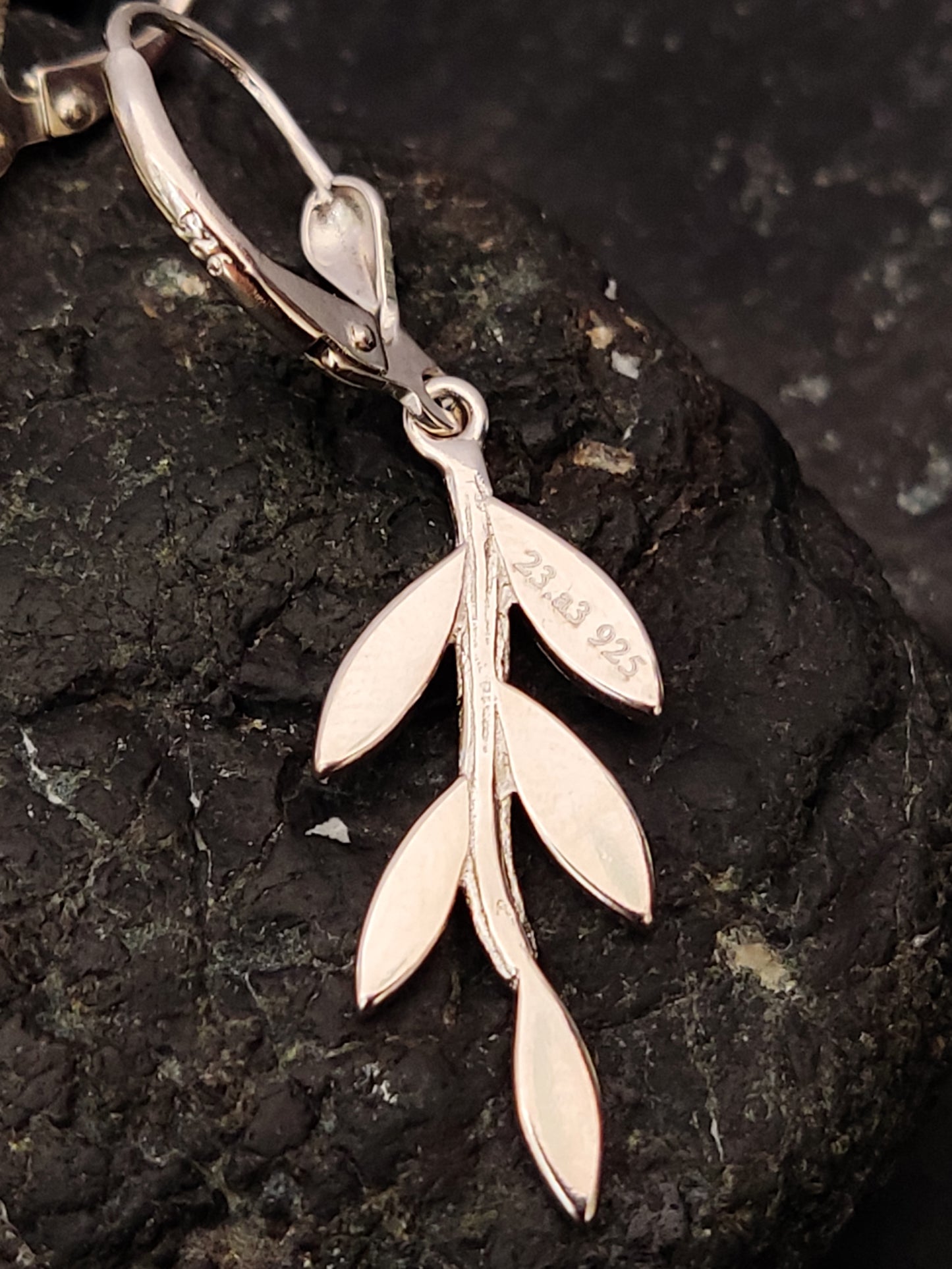 White Opal Leaf 5 Leaves Greek Silver Dangle Earrings