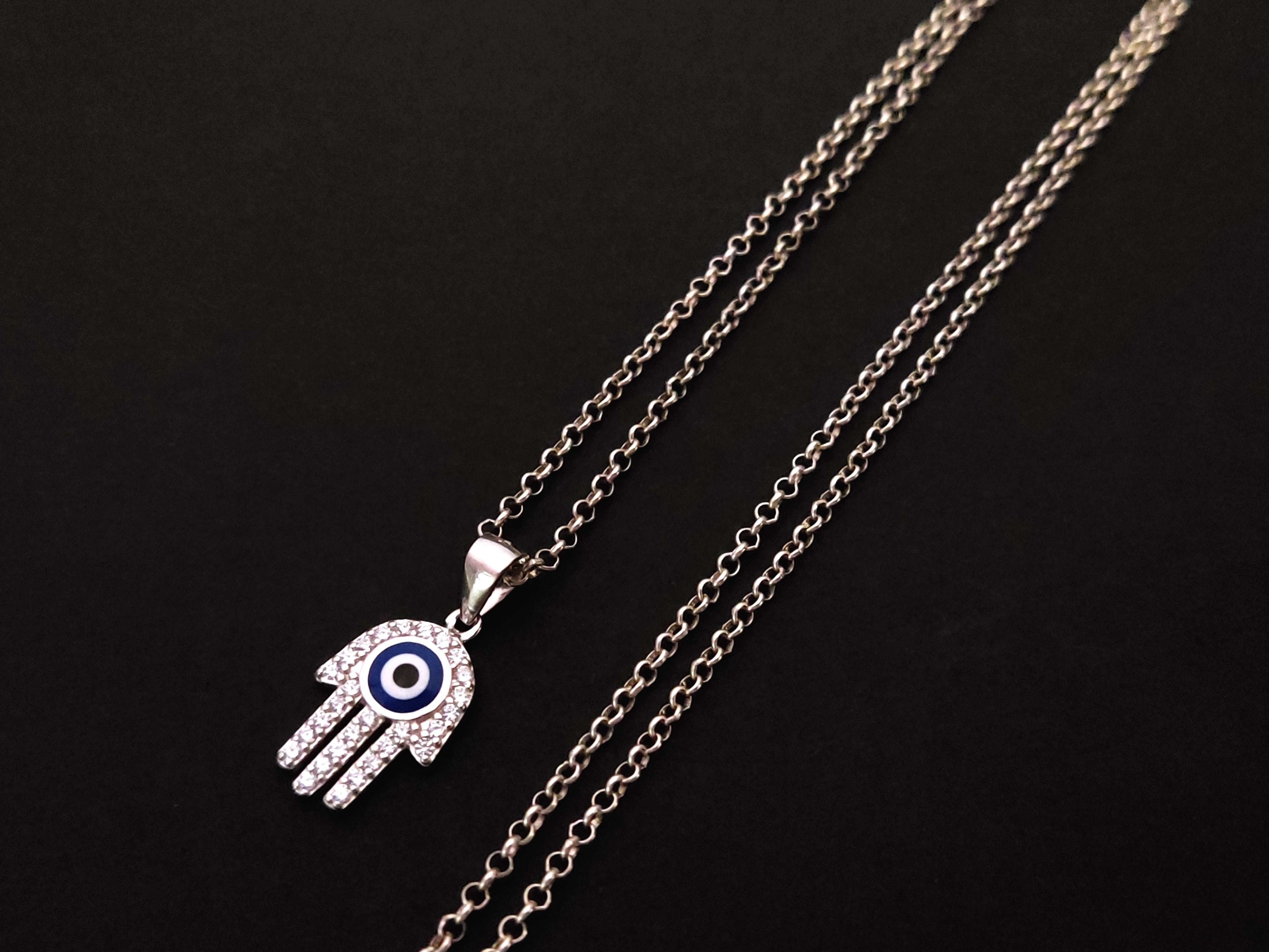 .925 Sterling Silver Evil Eye Hamsa Necklace – Hand Of Fatima, Judaica Kabbalah Charm With 18" Chain, Ocean Blue Glass