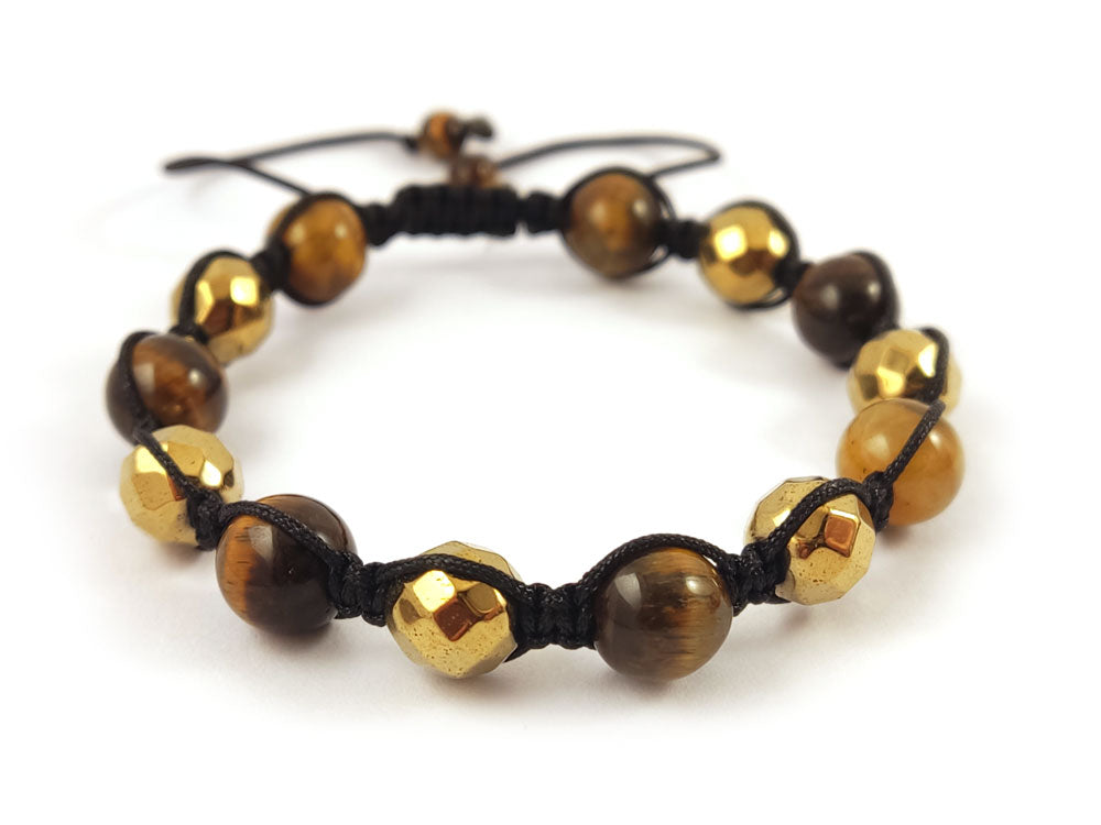 Handmade Tiger’s Eye and gold Hematite shamballa bracelet on black cord