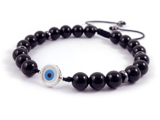 Sterling Silver 925 Evil Eye Mother Of Pearl And Natural Black Onyx Stones 8mm Bracelet