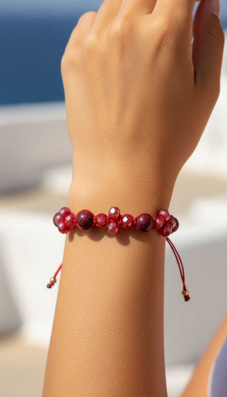 Red Jasper And Crystals Shamballa Adjustable Handmade Bracelet