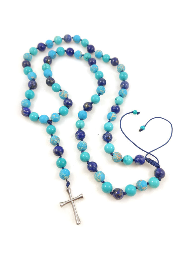 Greek handmade necklace with deep blue Lapis Lazuli, vibrant Turquoise, earthy Agate stones, and cross charm.