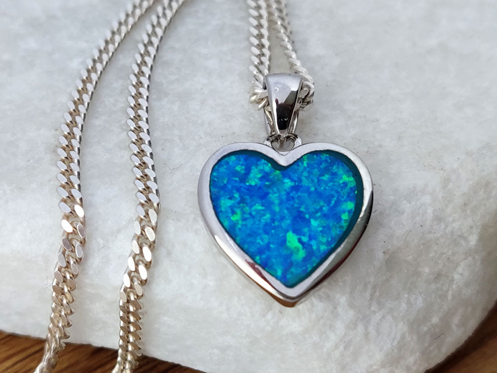 Heart shaped blue opal necklace sterling silver
