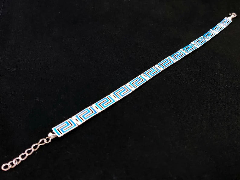 Sterling Silber 925 quadratisches griechisches Armband blaue Opalsteine ​​10 mm, Eternity Blue Opal Jewelry, Griechischer Blau Opal Armband, Bijoux Grecque