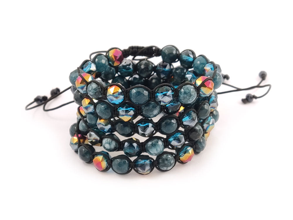 Spiritual shamballa bracelet with black cord and green gemstones