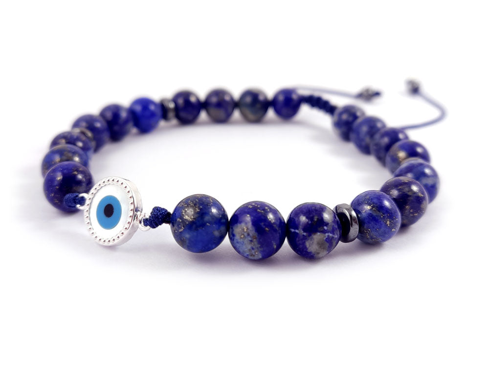 Sterling Silver 925 Evil Eye Mother Pearl - Natural Lapis Lazuli A'  Blue Stones 8mm , Silver Evil Eye Men Women Bracelet, Evil Eye Bracelet