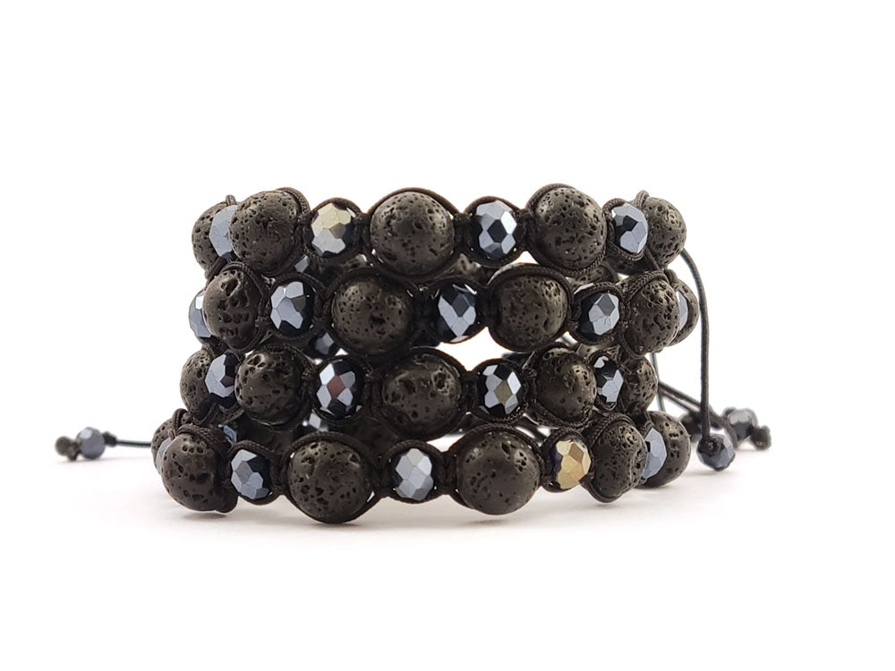 Black Shamballa macrame bracelet with hematite and lava stones