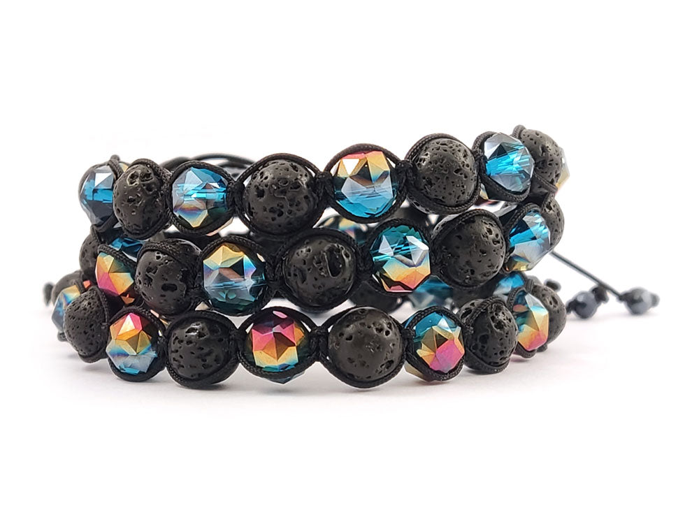 Handmade Shamballa bracelet with black lava stones and green crystals