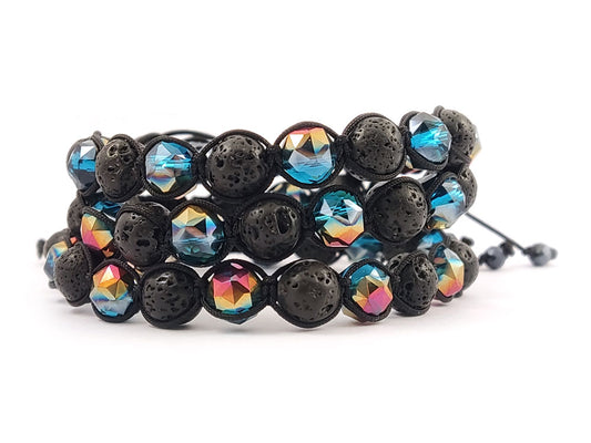 Handmade Shamballa bracelet with black lava stones and green crystals