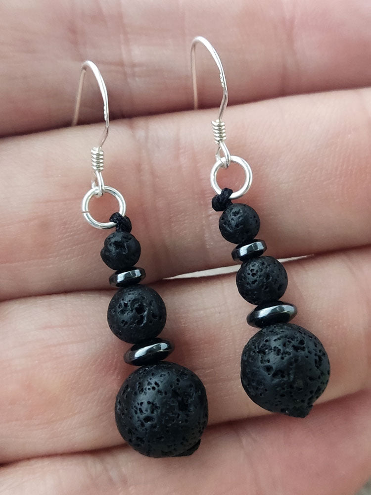 Triple Volcanic Lava Stones Dangle Silver Earrings from Greece