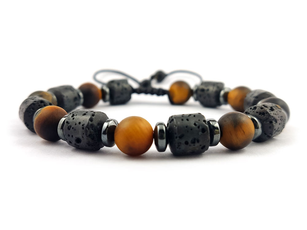 "Close-up of an adjustable lava and matte tiger's eye bracelet featuring 8mm stones, handcrafted in Greece by Sirioti Jewelry."

