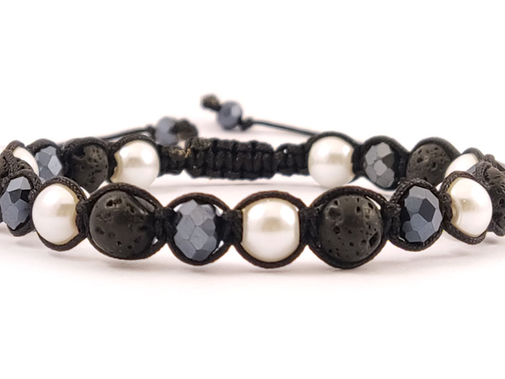 Adjustable black cord bracelet with hematite crystals and freshwater pearls