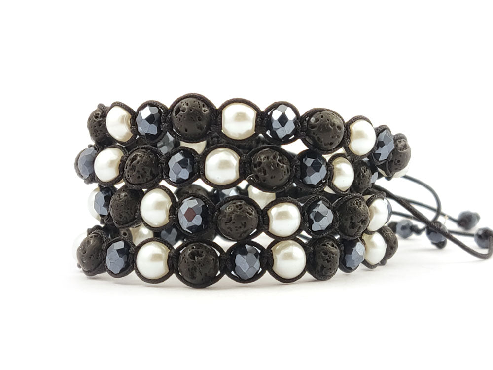 Handmade black Shamballa macrame bracelet with lava stones and pearls