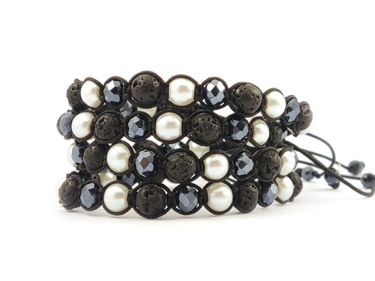 Handmade black Shamballa macrame bracelet with lava stones and pearls