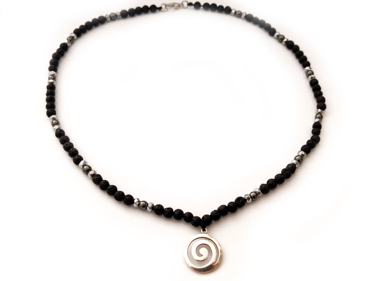Greek Spiral Necklace | Sterling Silver 925 | Natural Volcanic Lava Stones 4mm | Sirioti Jewelry