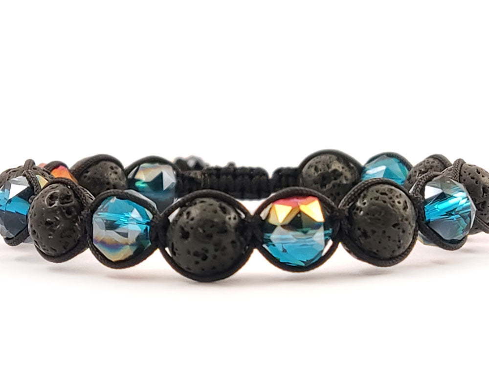 Adjustable black cord macrame bracelet with natural lava stones