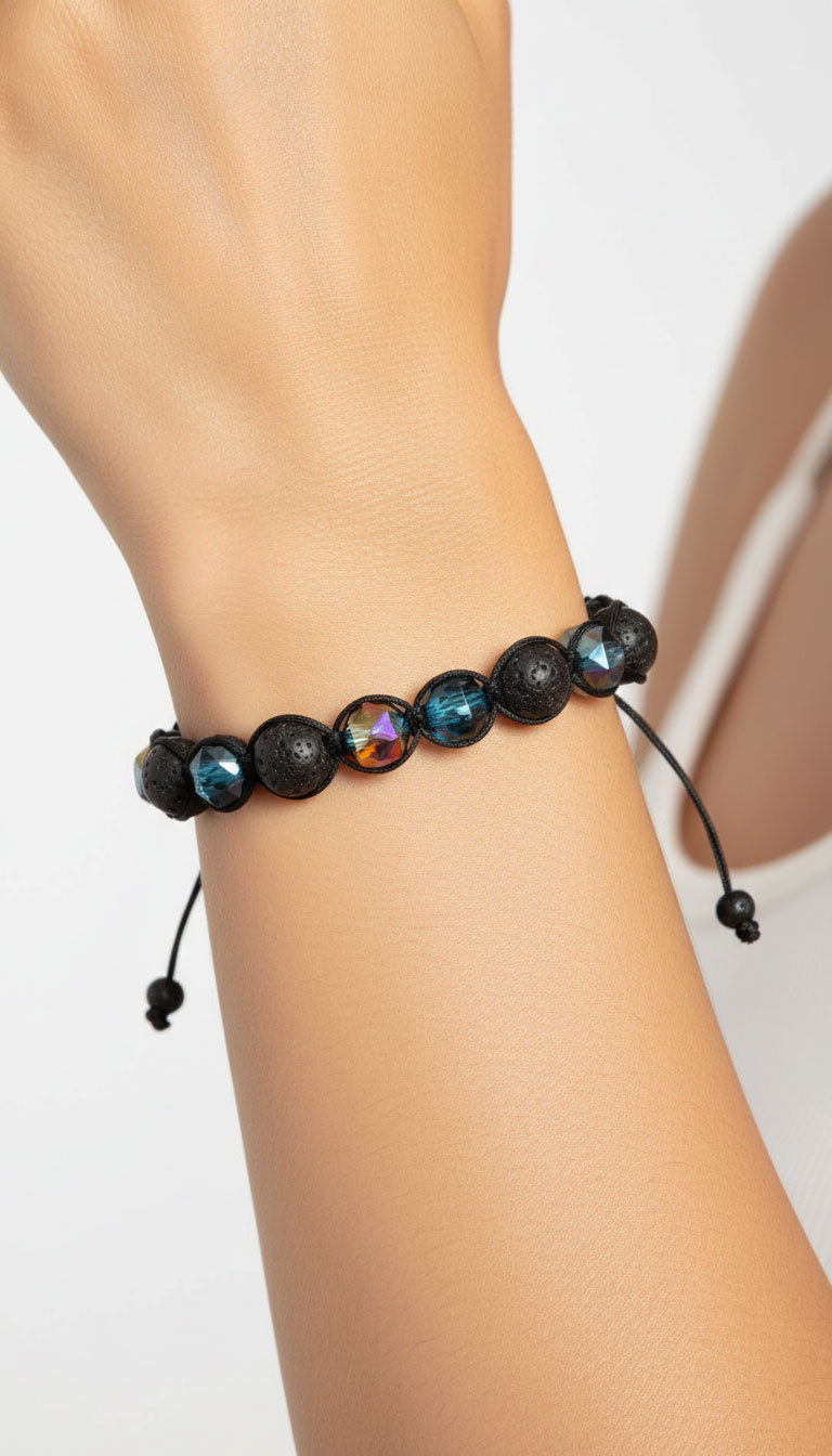 Handmade Shamballa Bracelet with Lava Stones & Green Iris Crystals – Adjustable Black Cord