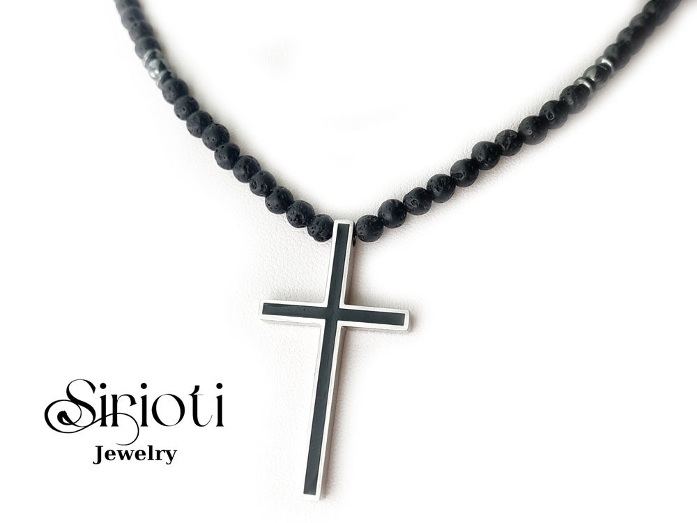 Collier croix grecque en acier inoxydable avec pierres de lave