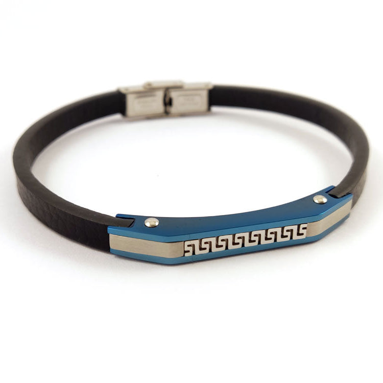 Black leather men’s bracelet with stainless steel clasp and Greek pattern