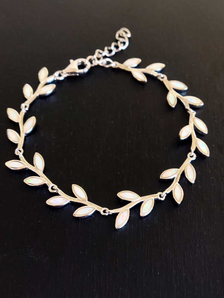 White opal leaves shape silver bracelet from Greece.