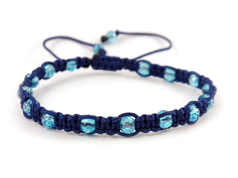Close-up of 4mm light blue crystals on Shamballa bracelet
