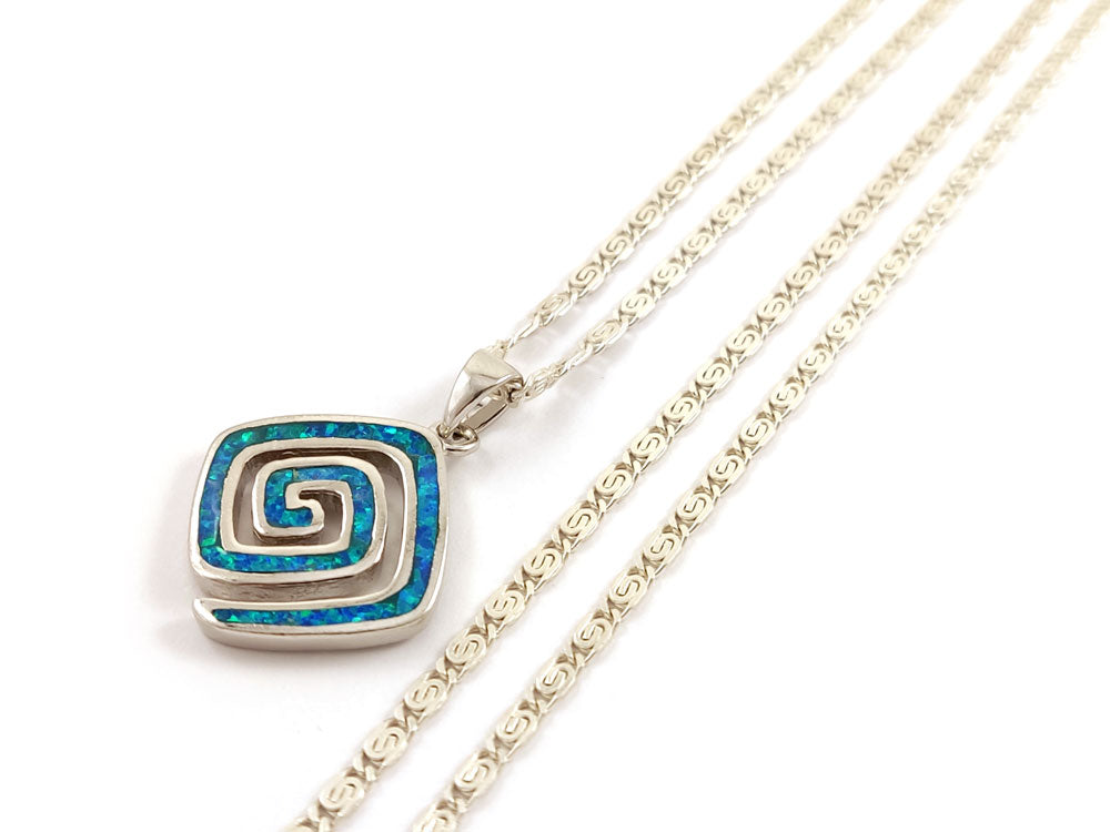 Greek Key Blue Opal Chain Pendant Necklace 15x15mm