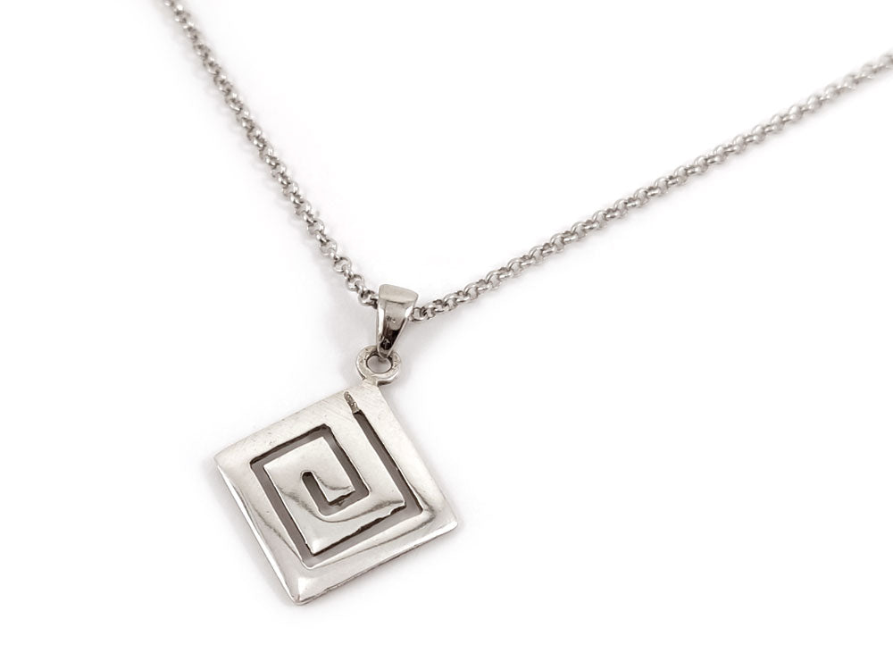 Handcrafted Greek Key Sterling Silver Necklace – A sterling silver 925 pendant showcasing the intricate Greek Key Meander design, sized at 16 x 16 mm (0.62 x 0.62 inches). It comes with a sleek 2 mm (0.007 inch) silver chain, proudly made in Greece and stamped with hallmark 925.

