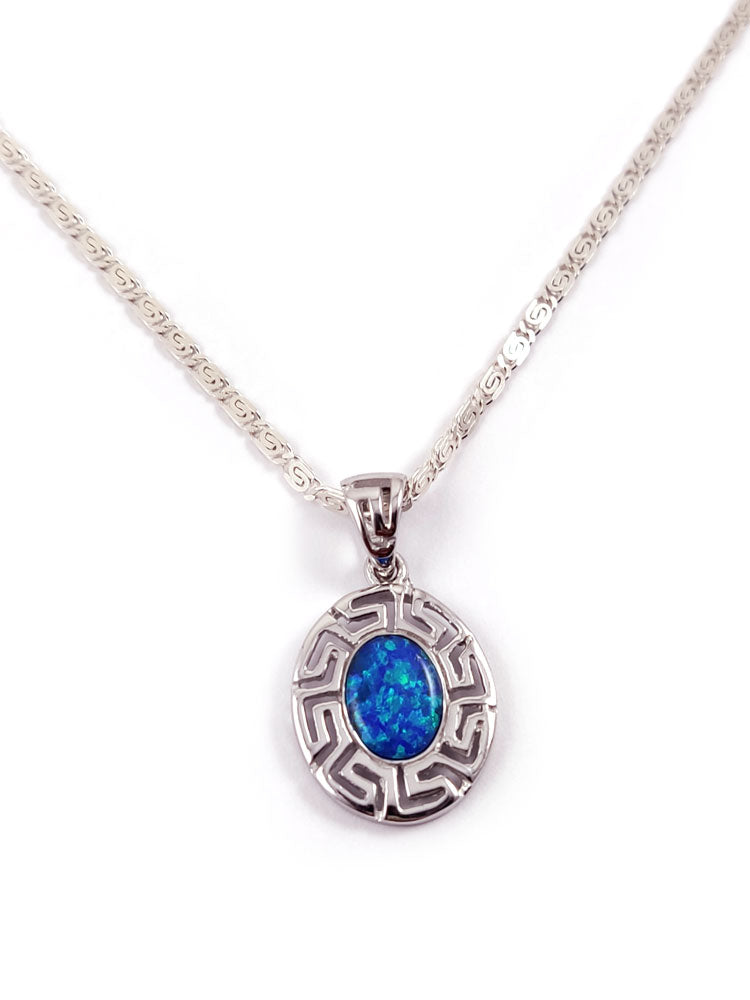 Silver pendant with Greek key infinity design and blue opal stone, made in Greece.
