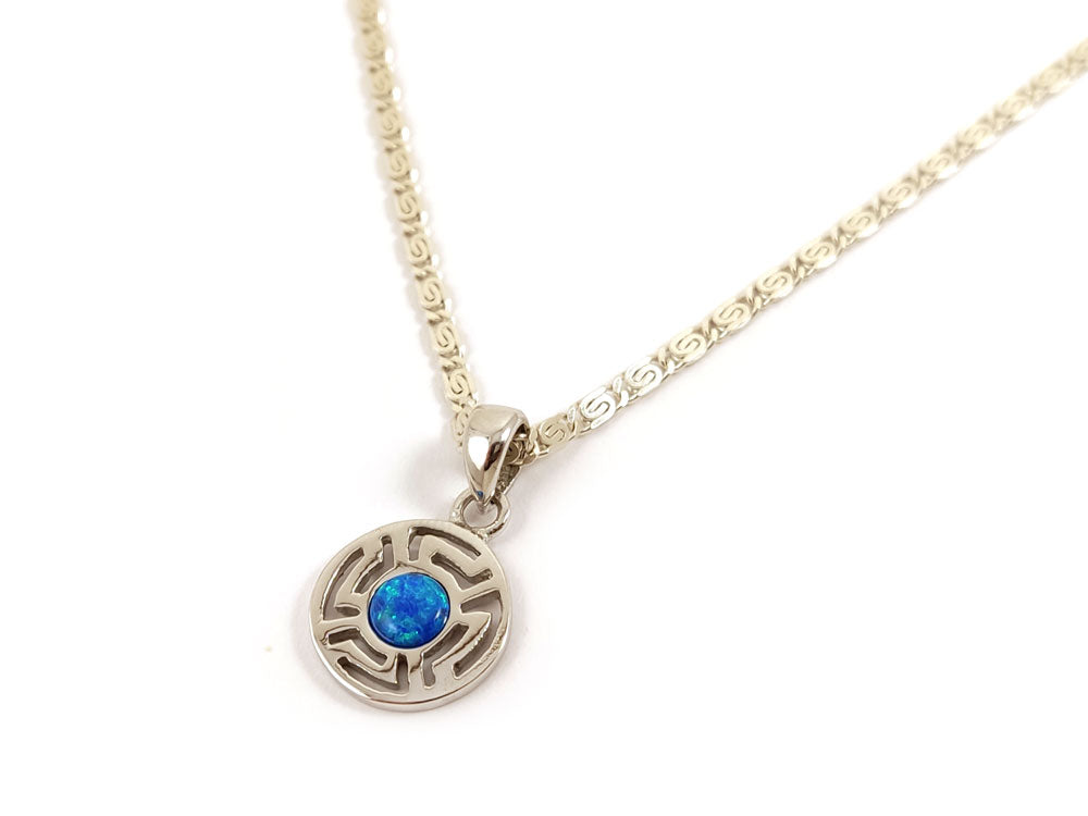 Greek Key Blue Opal Chain Pendant Necklace 13mm