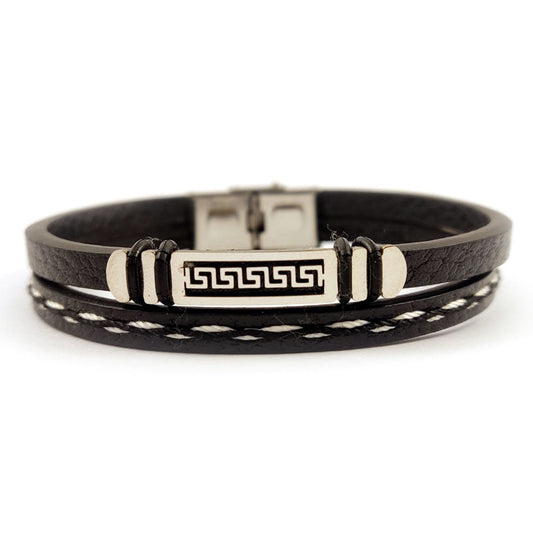 Men's stainless steel double row black leather bracelet silver black 10mm 0.39 inch