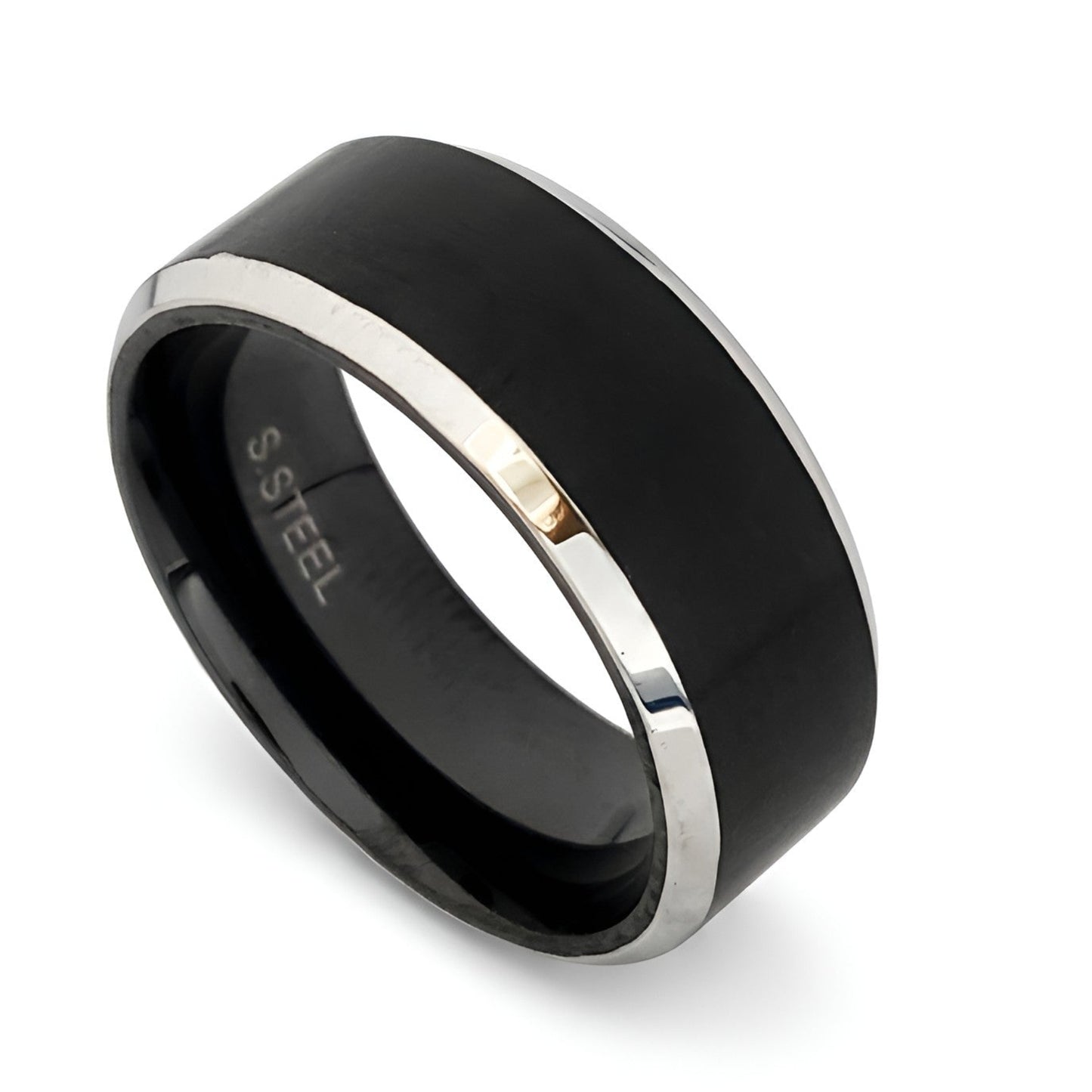 8mm stainless steel men's ring in black and silver