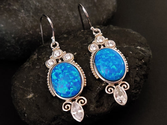 Blue Opal Boho Silver Dangle Greek Earrings - 32x15mm oval earrings with captivating blue opal and intricate Greek-inspired design.
