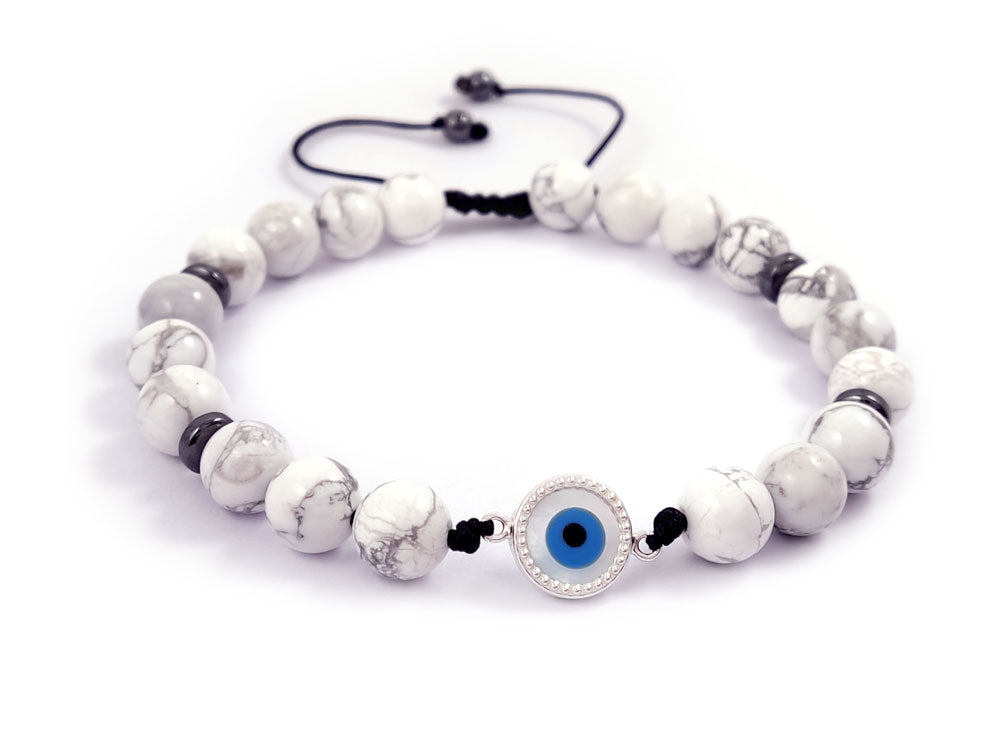 Sterling Silver 925 Evil Eye Mother Of Pearl And Natural White Howlite Stones 8mm Bracelet