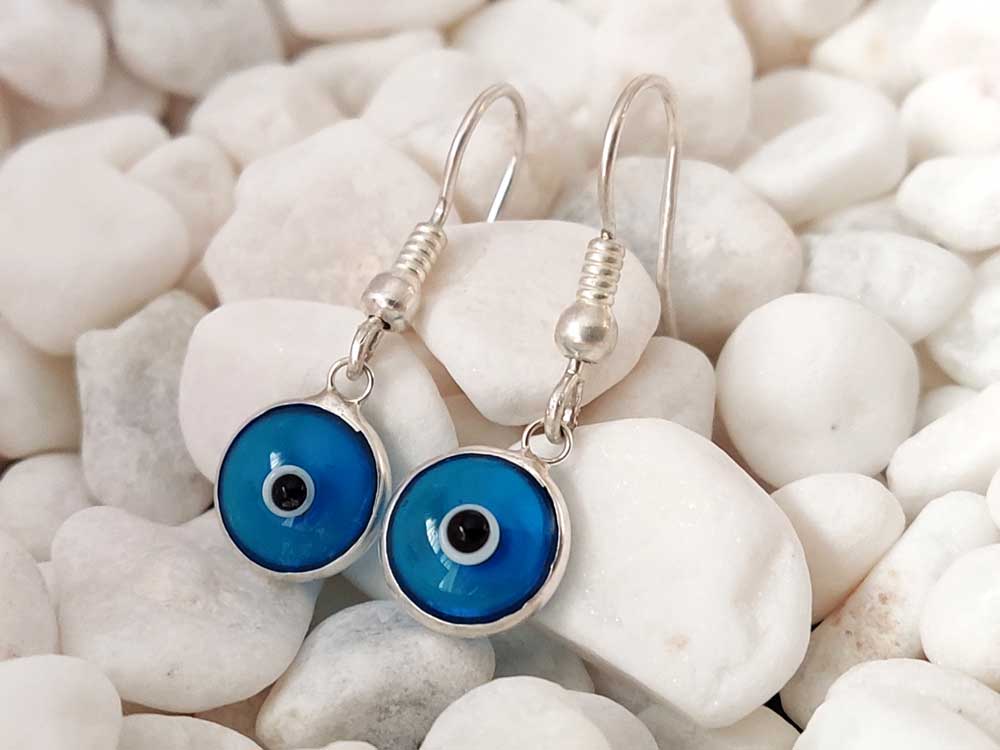 Evil Eye Nazar Mati Turquoise Blue Greek Silver Dangle Earrings 10mm