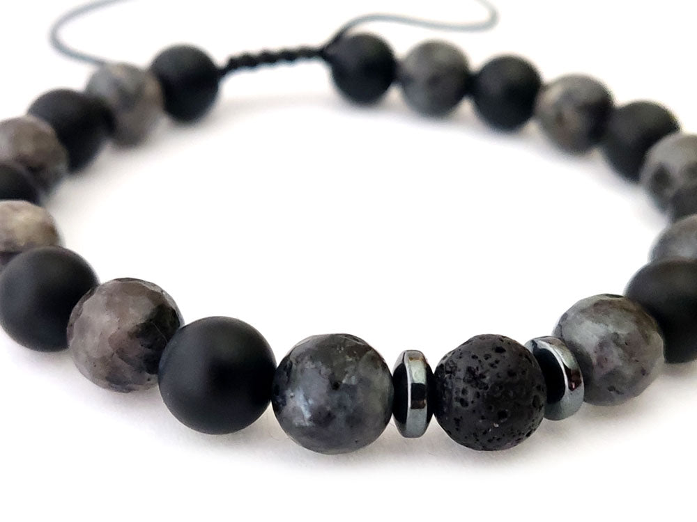 Handcrafted natural stone bracelet from Greece - Features lava, onyx, and larvikite stones - Adjustable length - Free shipping included