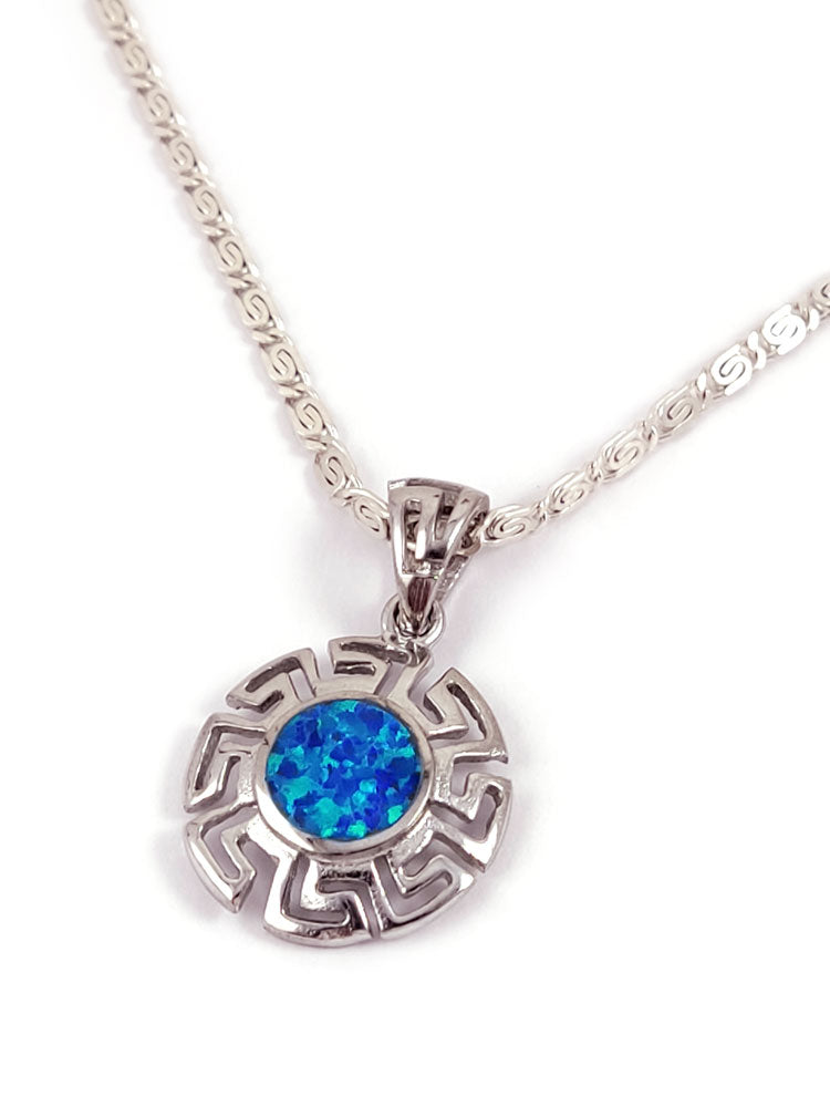 Detail shot of the blue opal stone and silver clasp on the Greek key infinity pendant necklace.
