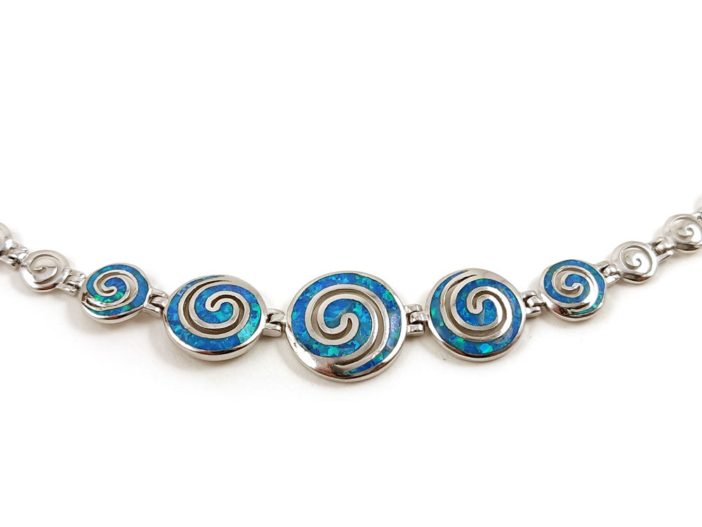 Greek Spiral Blue Opal Silver Necklace Bracelet Jewelry Set