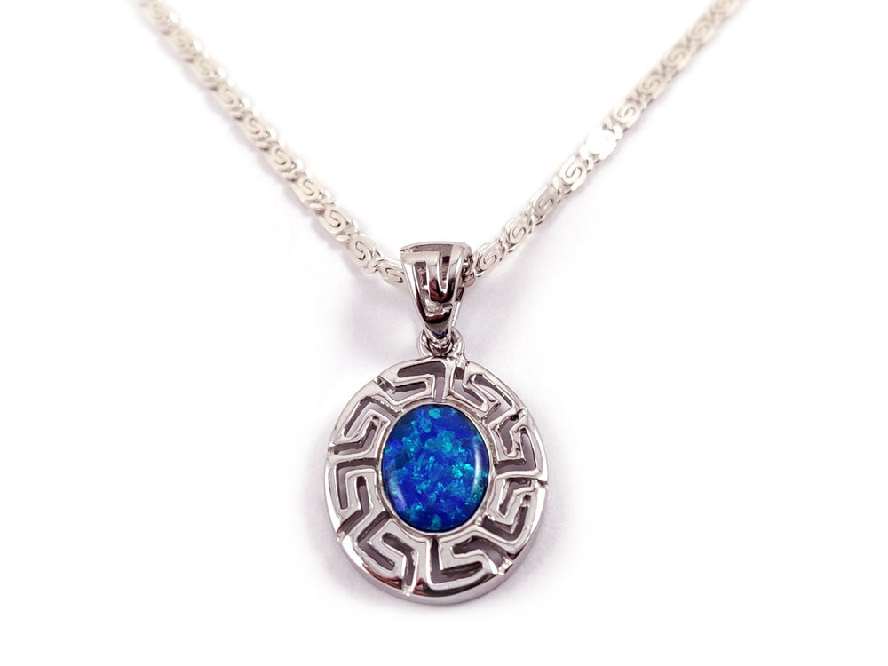 Sterling silver 925 hallmark pendant with blue opal and Greek infinity chain.
