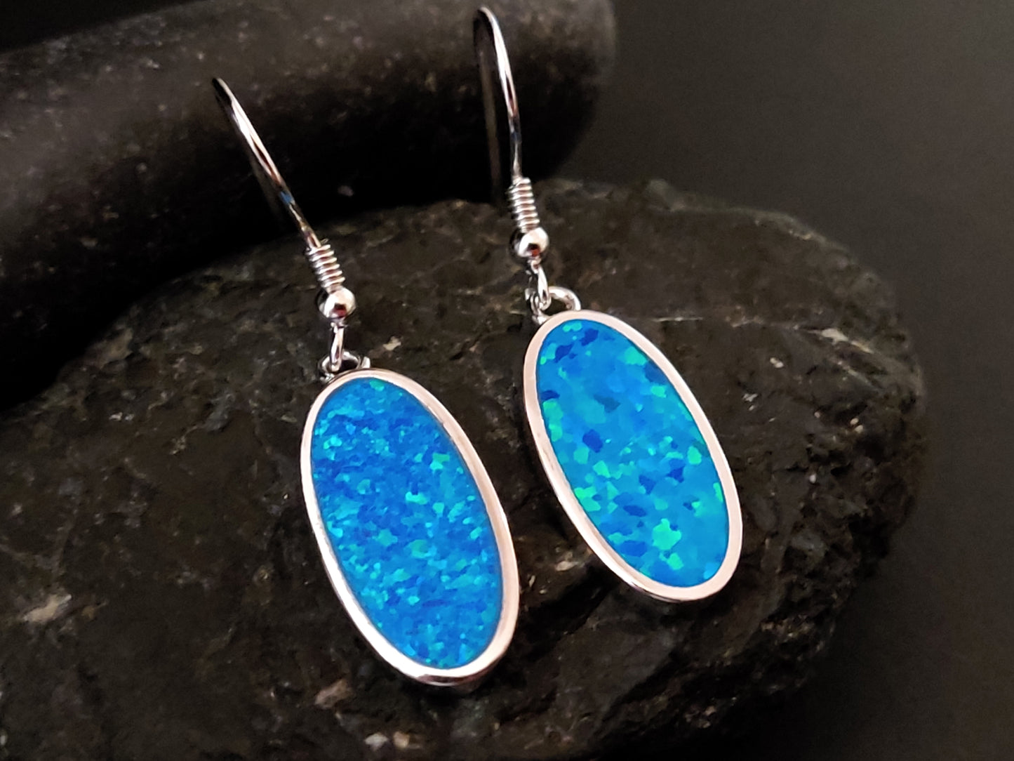 Blue Opal Oval Silver Dangle Greek Earrings 19x10mm