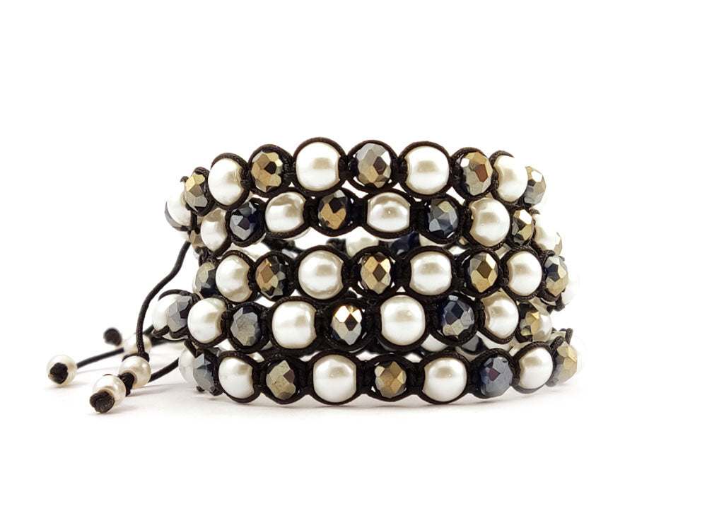 Black cord shamballa bracelet with pearls and crystals