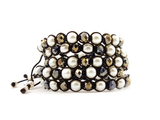 Black cord shamballa bracelet with pearls and crystals
